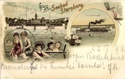 Litho Starnberg am Starnberger See Oberbayern, Seebad, Frauen in Bademode, Dampfer Luitpold