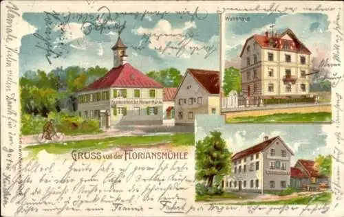 Litho Freimann München Bayern, Floriansmühle, Restauration, Wohnhaus