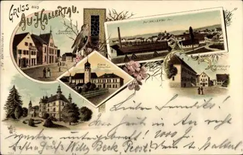 Litho Au in der Hallertau Oberbayern, Kirche, Schloss, Schulhaus, Marktplatz, Rathaus, Post, Panoram