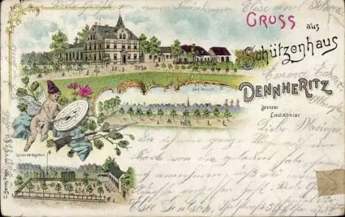 Litho Dennheritz in Sachsen, Schützenhaus, Dorfansicht, Engel mit Zielscheibe