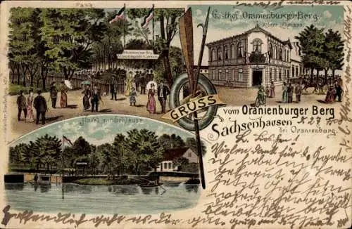 Litho Sachsenhausen Oranienburg, Gasthof Oranienburger Berg, Inh. Albert Lehmann, Havel, Schleuse