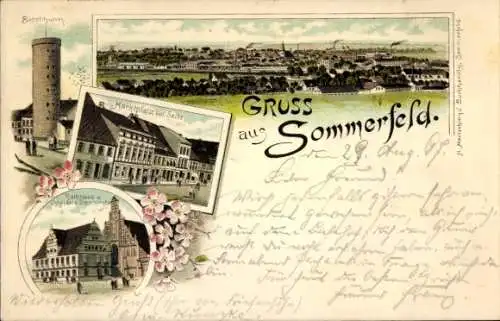 Litho Lubsko Sommerfeld Niederlausitz Ostbrandenburg, Panorama, Rathaus, Marktplatz, Stadtkirche