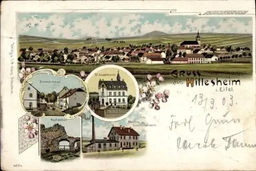 Litho Hillesheim in der Eifel, Gesamtansicht, St. Josephskloster, Elektrizitätswerk, Straße, Tor