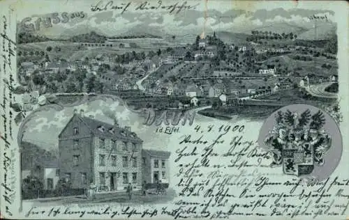 Mondschein Litho Daun in der Eifel, Gesamtansicht, Hotel Dauner Hof, Wappen