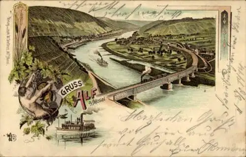 Litho Alf an der Mosel, Panorama, Eisenbahnbrücke, Dampfschiff