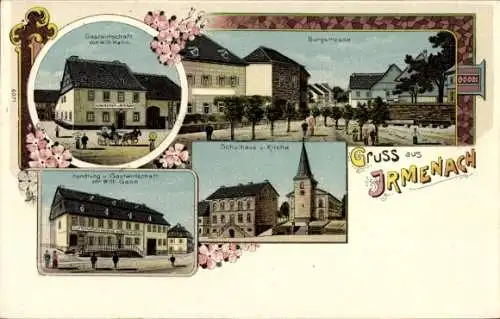 Litho Irmenach im Hunsrück, Gastwirtschaft Wilh. Hahn, Wilh. Gass, Burgstraße, Schule, Kirche