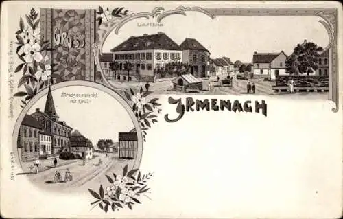 Litho Irmenach im Hunsrück, Gasthof, Straßenansicht, Kirche