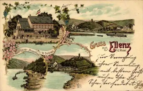 Litho Ellenz an der Mosel, Gasthaus zum Moselthale, Inh. W. Dehren