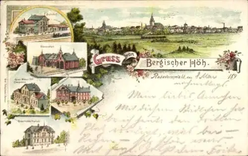 Litho Radevormwald, Bahnhof, Gasanstalt, Kaiser-Wilhelm-Stift Krankenhaus, Schule Lindenbaum, Post