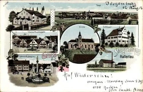 Litho Siegenburg Hallertau Ndb., Hopfenhalle, Kirche, Schloss, Marktplatz, Hopfenpräparieranstalt