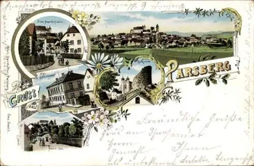 Litho Parsberg in der Oberpfalz, Marktplatz, Bezirksamt, Neue Straße, Burgruine, Panorama