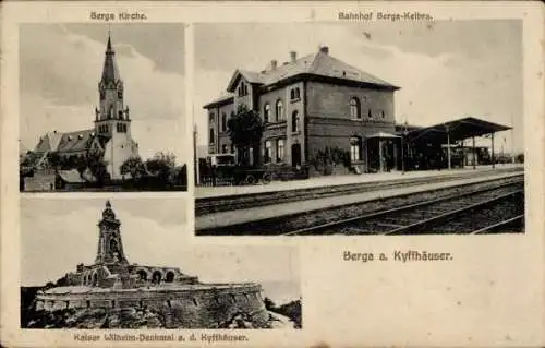 Ak Berga am Kyffhäuser, Bahnhof Gleisseite, Kirche, Kaiser Wilhelm Denkmal