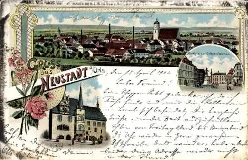 Litho Neustadt an der Orla, Gesamtansicht, Rathaus, Marktplatz, Kriegerdenkmal
