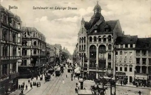 Ak Berlin Mitte, Spittelmarkt mit Leipziger Straße, Straßenbahnen, Verkehr