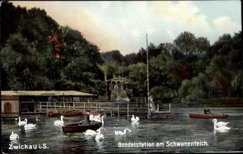 Ak Zwickau in Sachsen, Gondelstation am Schwanenteich, Ruderboote
