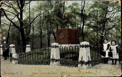 Ak Zwickau in Sachsen, Lothar Streit-Denkmal, zwei Mädchen