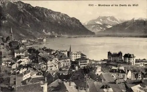 Ak Montreux Kanton Waadt Schweiz, Blick auf  Dents du Midi, Berge, See, Stadtansicht, historis...