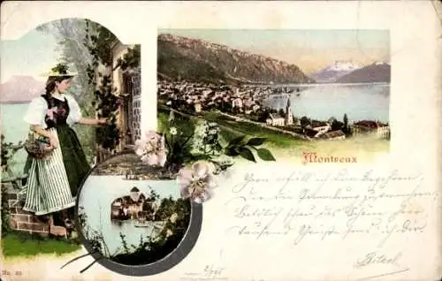 Ak Montreux Kanton Waadt Schweiz, Frau mit Korb, Alpenlandschaft, Seeblick, Blumenornament