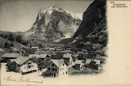 Ak Grindelwald Kt. Bern Schweiz, Panorama vom Ort und Wetterhorn