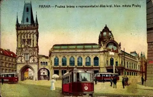 Ak Praha Prag, Pulverturm, Haus der königl. Hauptstadt, Straßenbahnen