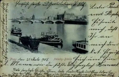 Ak Praha Prag Tschechien, Palacký-Brücke, Wasserweg mit Booten, historische Architektur