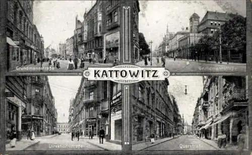Ak Katowice Kattowitz Oberschlesien, Querstraße, Direktionsstraße, Grundmannstraße