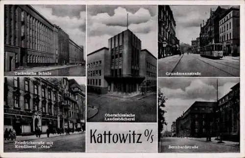 Ak Katowice Kattowitz Oberschlesien, Technische Schule, Oberschlesische Landesbücherei, Grundm...