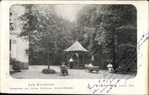 Ak Saint Mandé Val de Marne, Park mit Pavillon, Menschen am Tisch, Bäumen