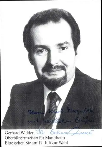 Foto Politiker Gerhard Widder, Oberbürgermeister für Mannheim, Autogramm