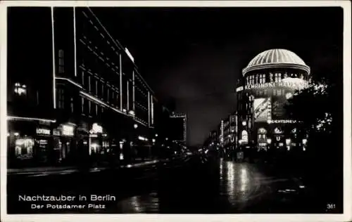 Ak Berlin Tiergarten, Potsdamer Platz bei Nacht, Lichtspielhaus, Kempinski, Allianz Versicherungen