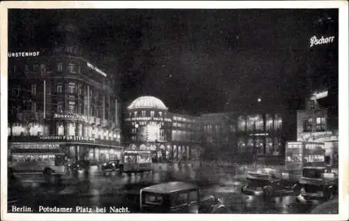 Ak Berlin Tiergarten, Potsdamer Platz bei Nacht, Fürstenhof, Kempinski Haus