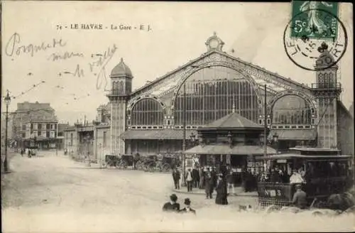 Ak Le Havre Seine Maritime, Bahnhof mit Glasfassade, Straßenbahn, Pferdekutschen, Passanten