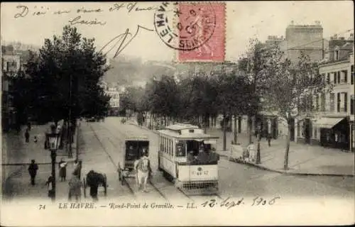 Ak Le Havre Seine Maritime, Tram auf dem Rond-Point de Graville, Straßenansicht, Bäume, Gebäude
