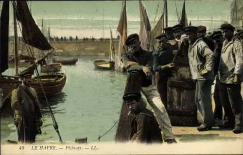 Ak Le Havre Seine Maritime, Fischer am Hafen, Boote, historische Szenerie