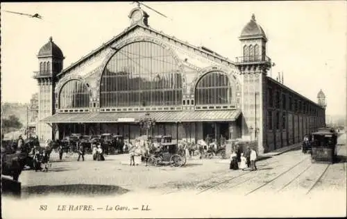 Ak Le Havre Seine Maritime, Bahnhof, historische Architektur, Menschen, Pferdekutschen