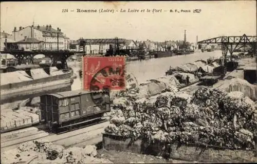 Ak Roanne Loire,  La Loire und der Hafen, alte Eisenbahnwagen, Hafenansicht