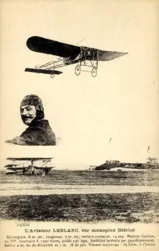 Ak L'Aviateur Leblanc, sur monoplan Blériot, Pilot, Flugpionier
