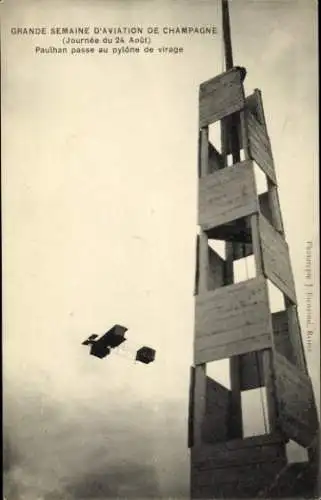CPA Grande Semaine d'Aviation de la Champagne, Paulhan passe au pylône de virage