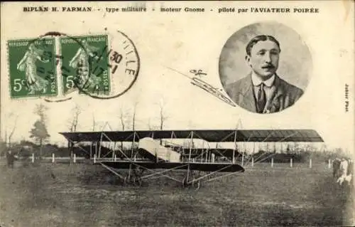 CPA Biplan H. Farman, type militaire, Pilot Alphonse Poirée