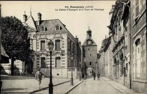 Ak Beaugency Loiret, La Caisse d´Épargne et la Tour de l´Horloge