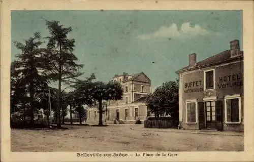 CPA Belleville sur Saône Saône et Loire, Place de la Gare, Hotel