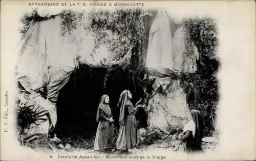 Ak Lourdes Hautes Pyrénées, Bernadette, Erscheinung der Jungfrau Maria, zweite Erscheinung,  Szen