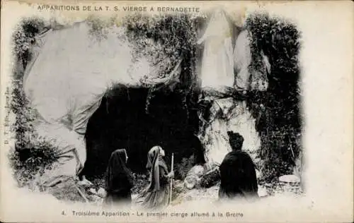 Ak Lourdes Hautes Pyrénées, D. T. Edit.,  Apparitionen der Jungfrau Maria, 3. Erscheinung, erster