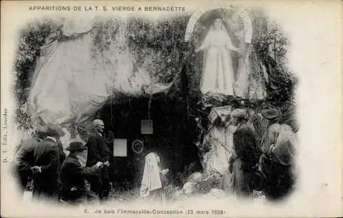 Ak Lourdes Hautes Pyrénées, Darstellung der Erscheinung, Bernadette, Statue der Jungfrau Maria, P