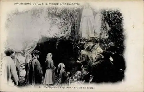 Ak Lourdes Hautes Pyrénées, Darstellung der Apparitionen, Berge, Menschen, religiöse Szene