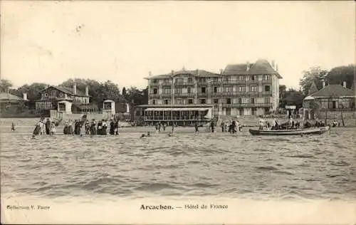 Ak Arcachon Gironde, Hotel de France, Strandansicht, viele Menschen, Boot