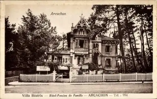 Ak Arcachon Gironde, Villa Béatrix, Hotel-Pension, schöne Architektur, Garten, Telefon 994