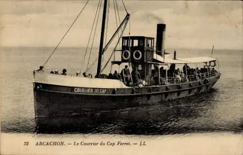 Ak Arcachon Gironde, Schaufelradboot, Le Courrier du Cap Ferret, Wasserfläche, Passagiere