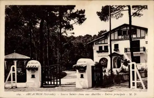 Ak Arcachon Gironde, Eingang zu einer Quelle, Gebäude im Wald, Beschreibung in Französisch