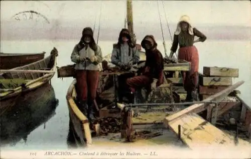 Ak Arcachon Gironde, Fischer auf Boot, Austern sammeln, Küstenlandschaft, maritimes Motiv